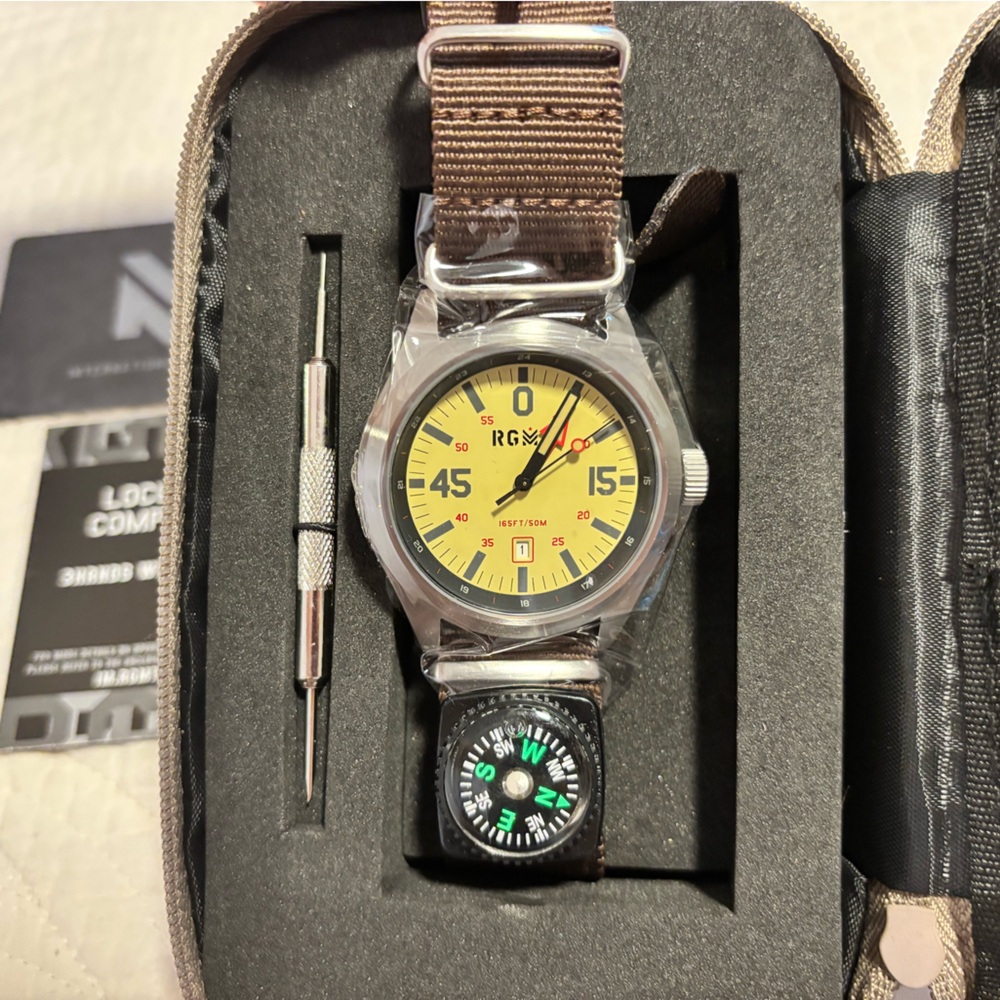 Brand New RGMT Locust Survival Watch with Yellow Dial and extra Brown Strap